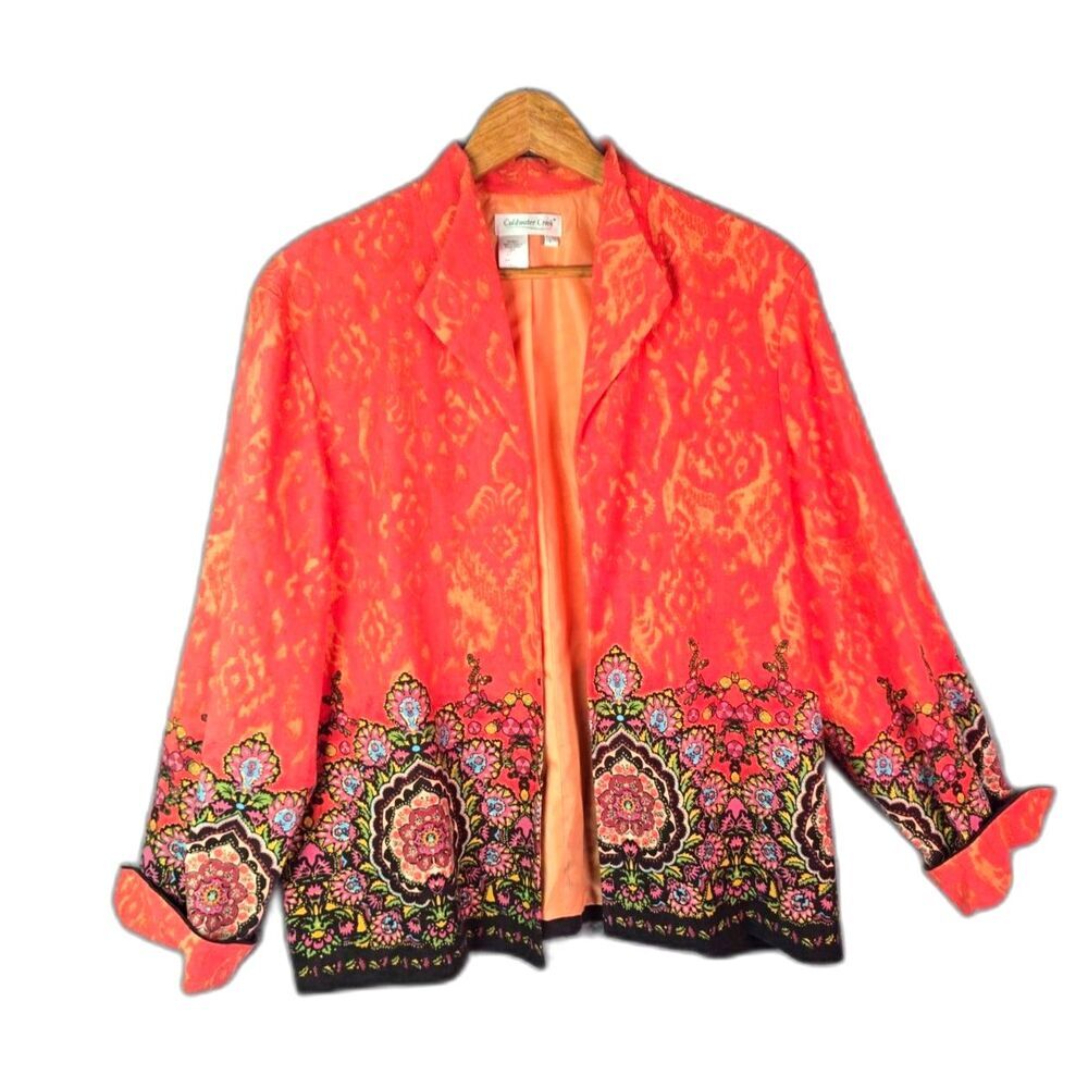 Coldwater Creek Jacket Coral Ikat L Boho Linen Cotton Open Front Topper